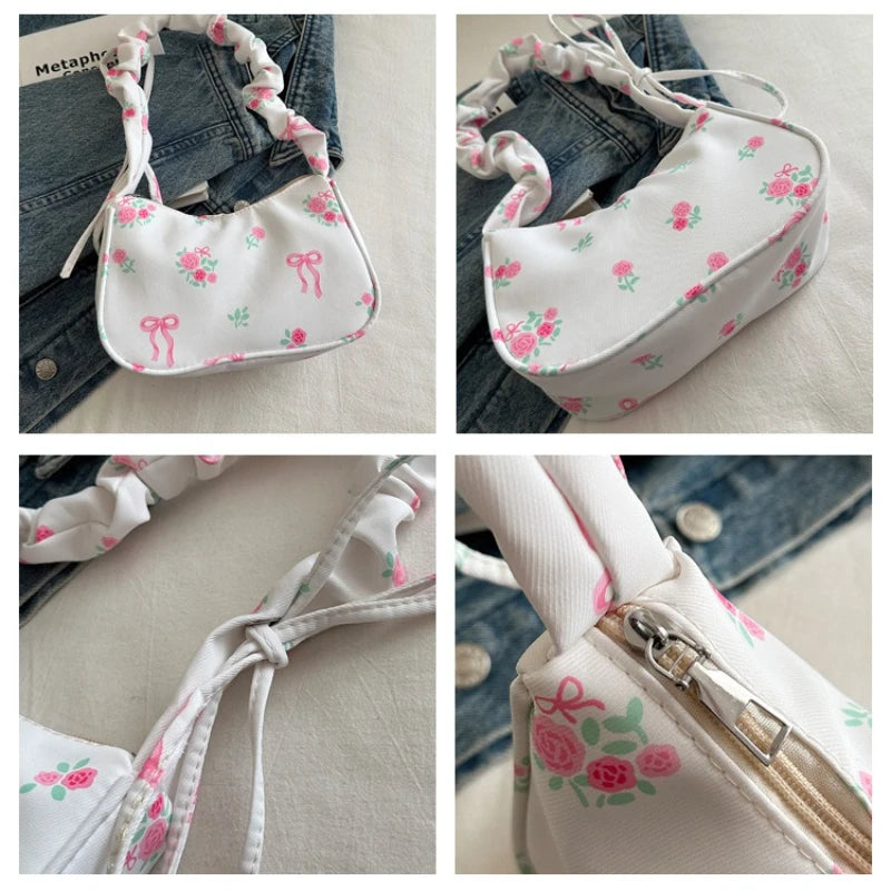 Women's Bags 2025 Summer Nylon Pleated Handbags Armpit Bag Korean Floral Bow Printed Zipper Tote Bag Female Small Shoulder Bags