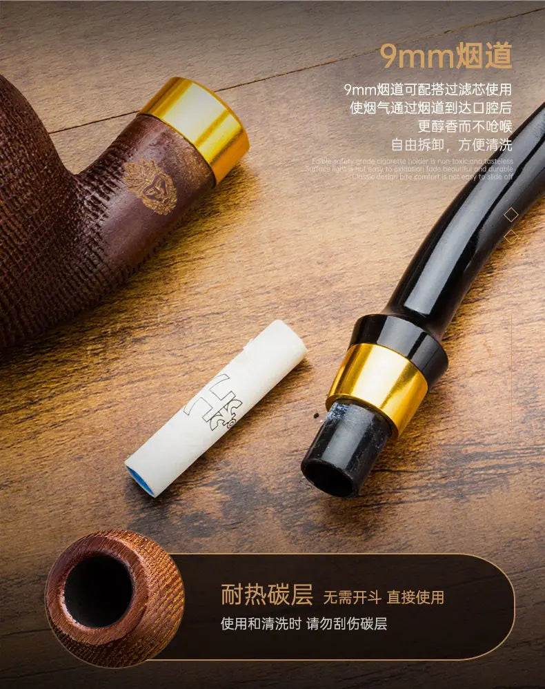 Oak Wood Sandblasted Tobacco Pipe with Gold Silver Band 9mm Filter Straight Bent Smoking Pipe for Men Gift Accessories