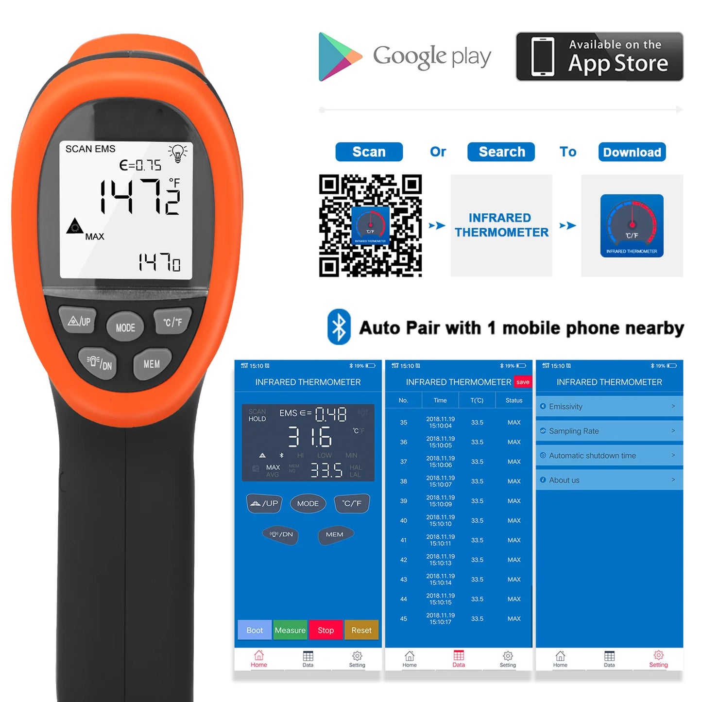 Infrared Thermometer Gun Handheld Heat Temperature Gun Laser Temperature Gun with Adjustable Emissivity Measure -50°C to 1800°C