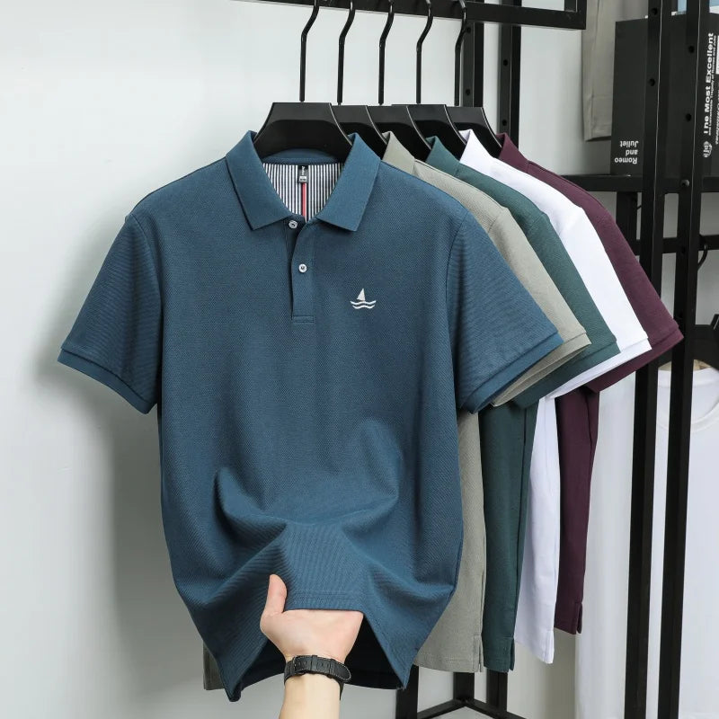 100% pure cotton men short sleeve polo shirt fashion exquisite sailboat embroidery summer comfort business casual lapel T-shirt