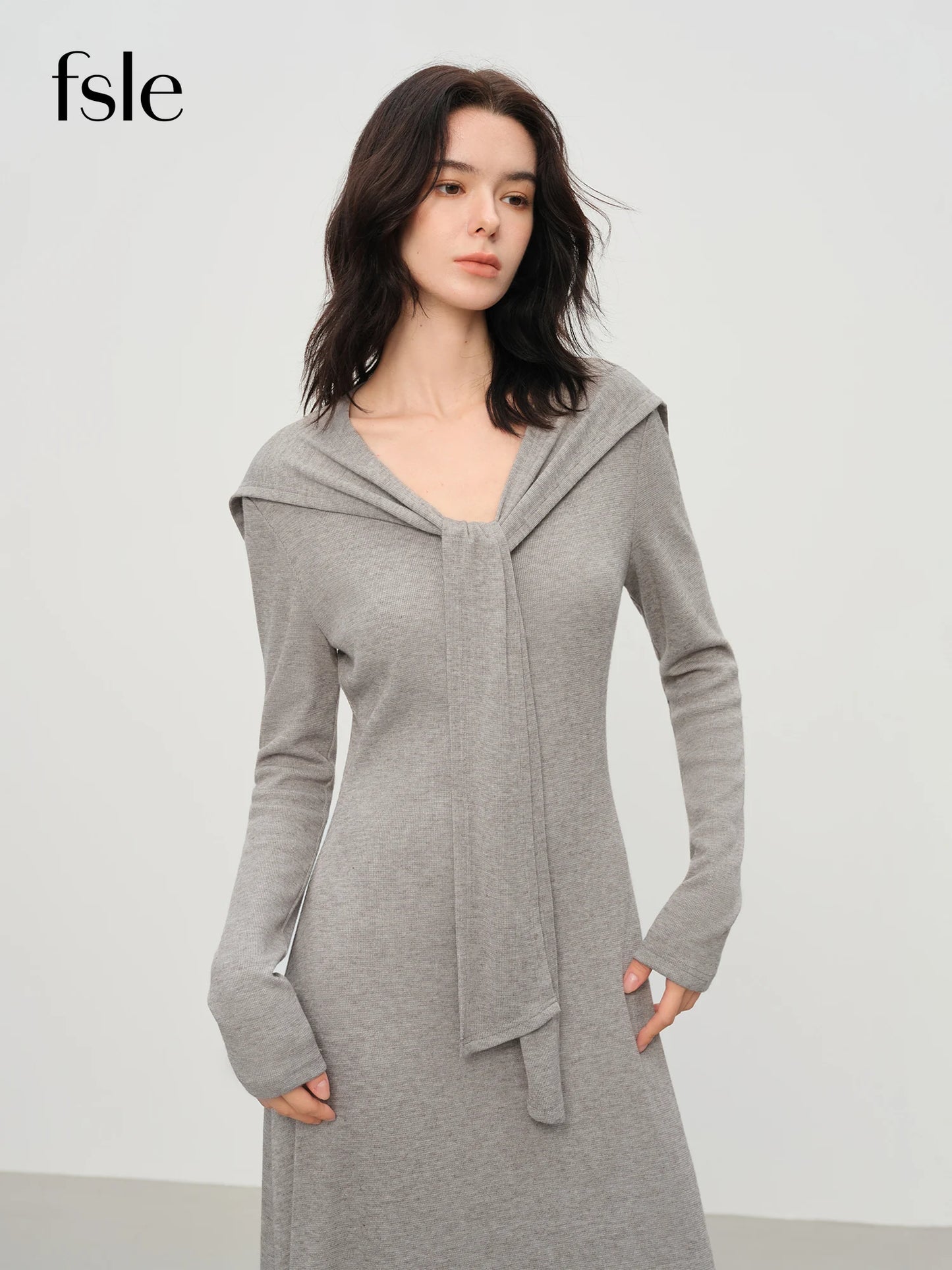 FSLE French Style Design Shawl V-neck Dress 2025 Autumn and Winter Slimming A-line Knitted Clothing Female Elegant Leisure