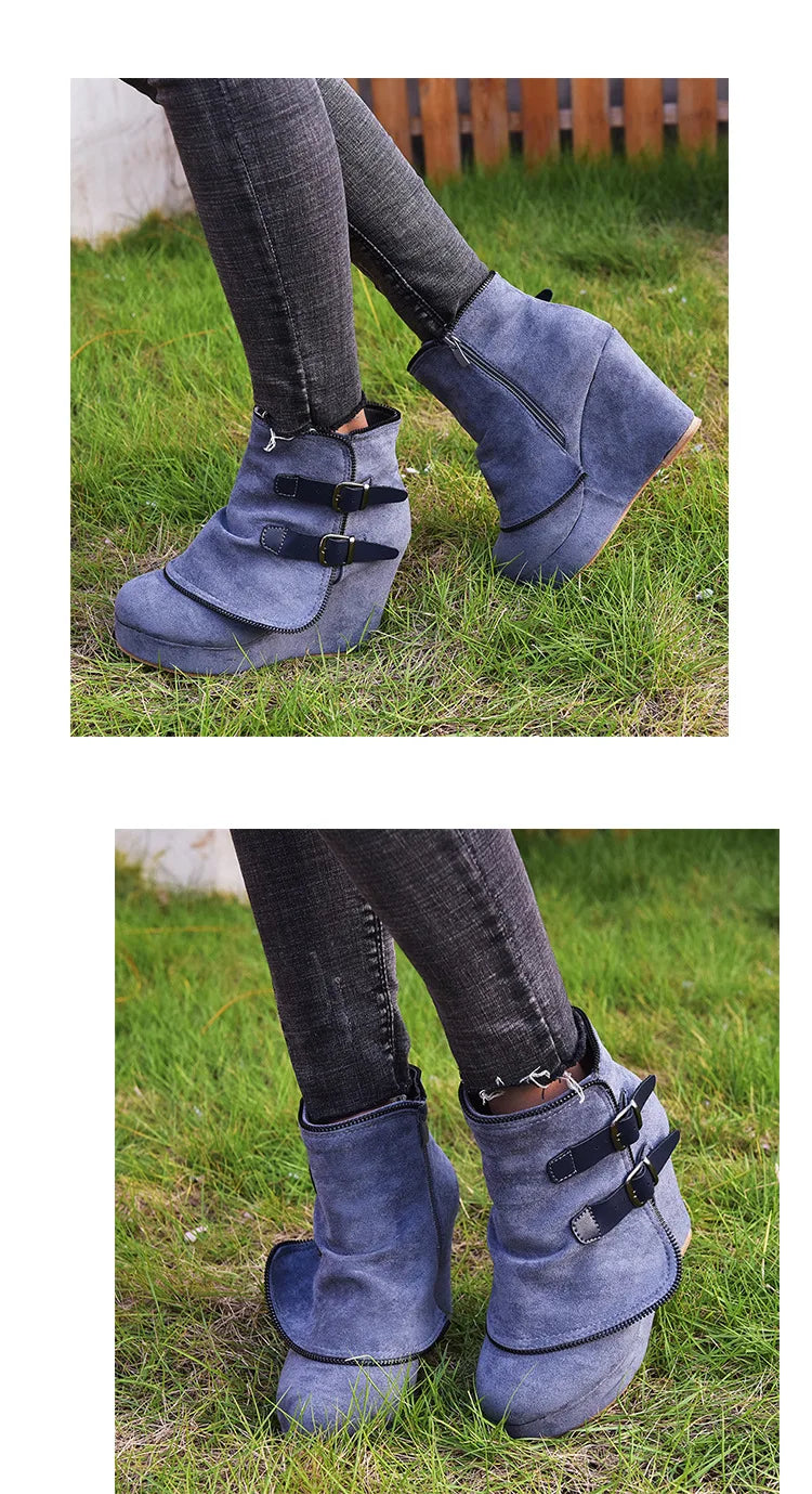 2025 Modern High-heel Boots for Women Ankle Wedges Suede Ladies Shoes Splicing Fake Zip Belt Buckle Height Increasing Daily Wear