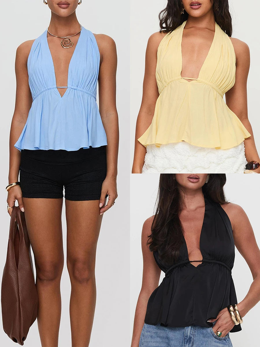 Women Halter Neck Crop Tops Sexy Tie-up Sleeveless Backless Tank Tops Solid Color Summer Vest Female Camisoles for Club Party