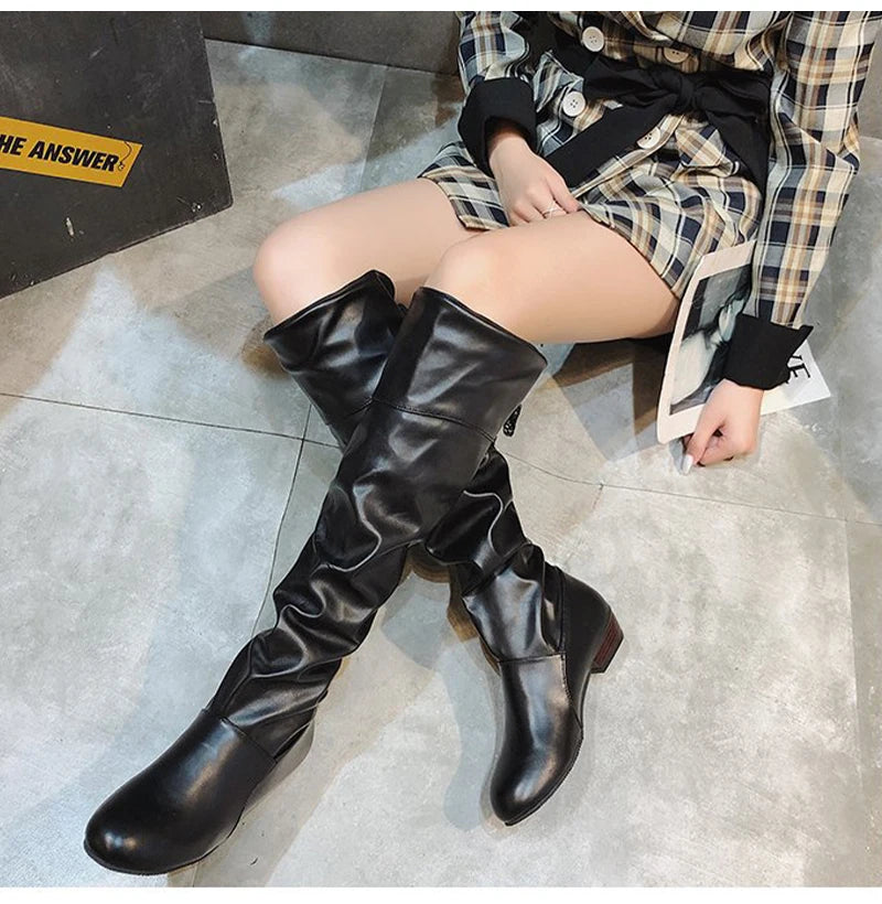 Shoes For Women  Knee High Boots Red Black White Tall Boots Woman Pleated Low Heel Casual Leather Female Long Shoes 2024