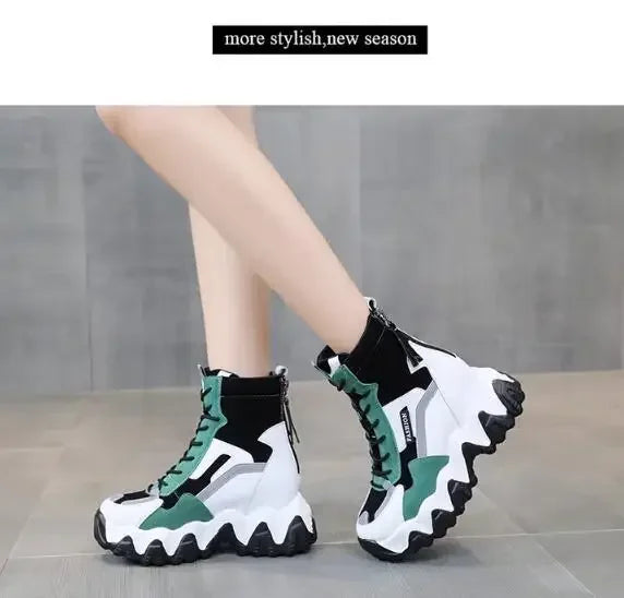 2025 Women Thick Sole Ankle Boots Autumn Luxury Platform Casual Boots Women's 8cm High Heels Wedge Boots Shoes Woman Sneakers