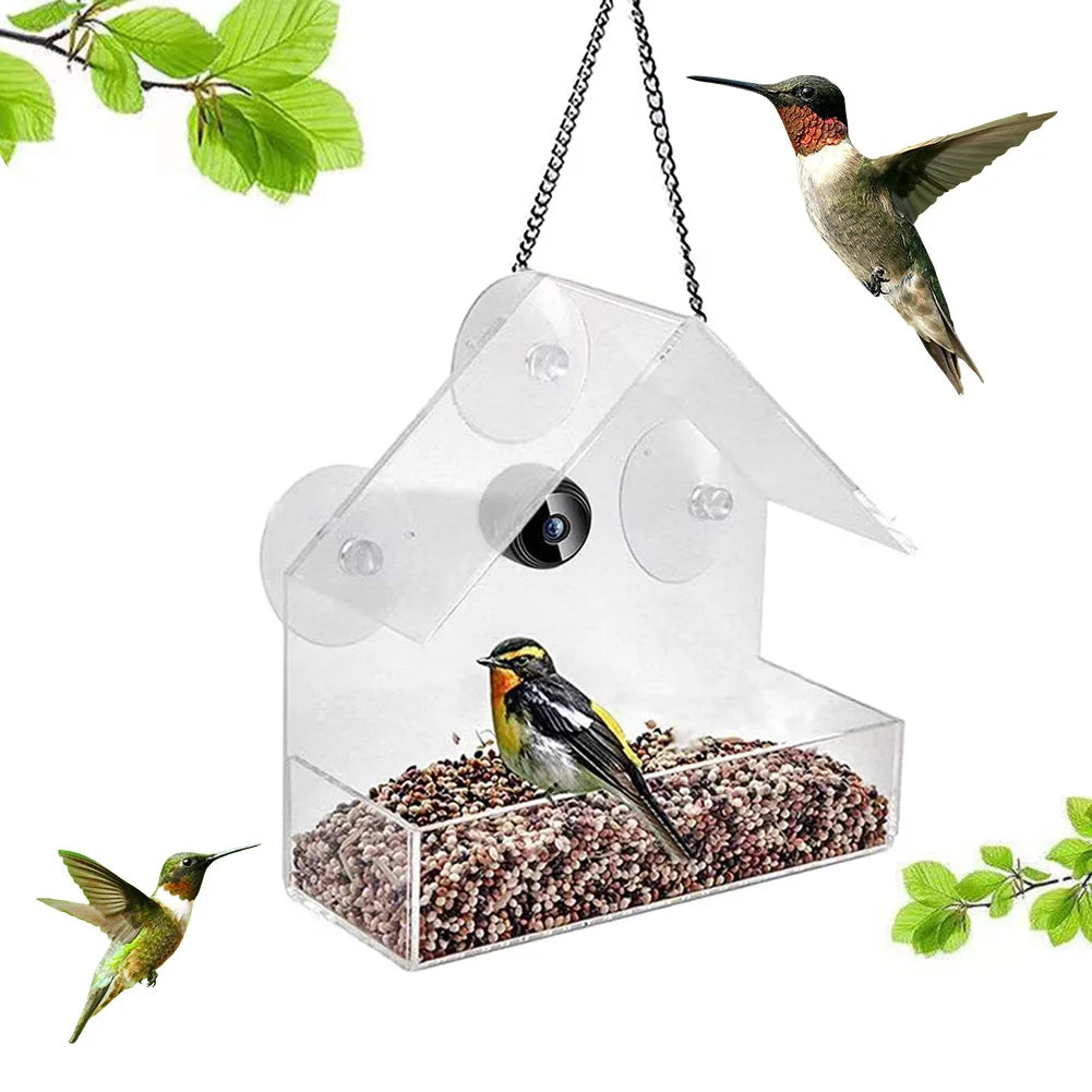 Smart Birds Hanging Feeder Acrylic with Camera Feeding House Transparent 1080P HD Easy Installation for Outdoor Garden