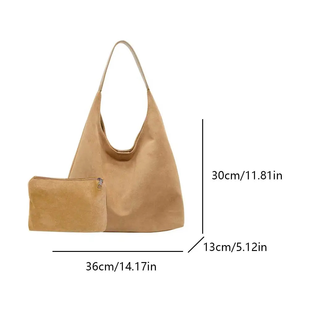 Women Suede Shoulder Bag Large Capacity Tote Bag Trendy Retro Handbag with Pocket for Work Travel Shopping