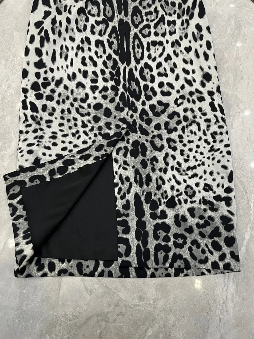Elegant Women's Party Dress 100% Silk | Luxury Designer Black Leopard Print Midi | Evening Cocktail Gown | Spring 2025 Runway