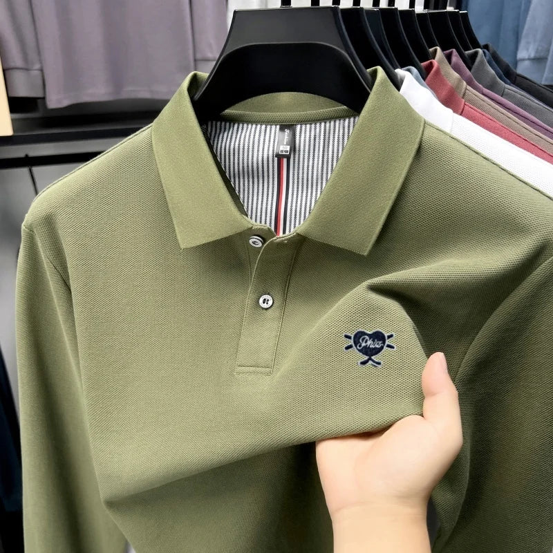 100% pure cotton men long sleeved polo shirt autumn new high-end brand heart-shaped embroidery comfortable casual lapel T-shirt