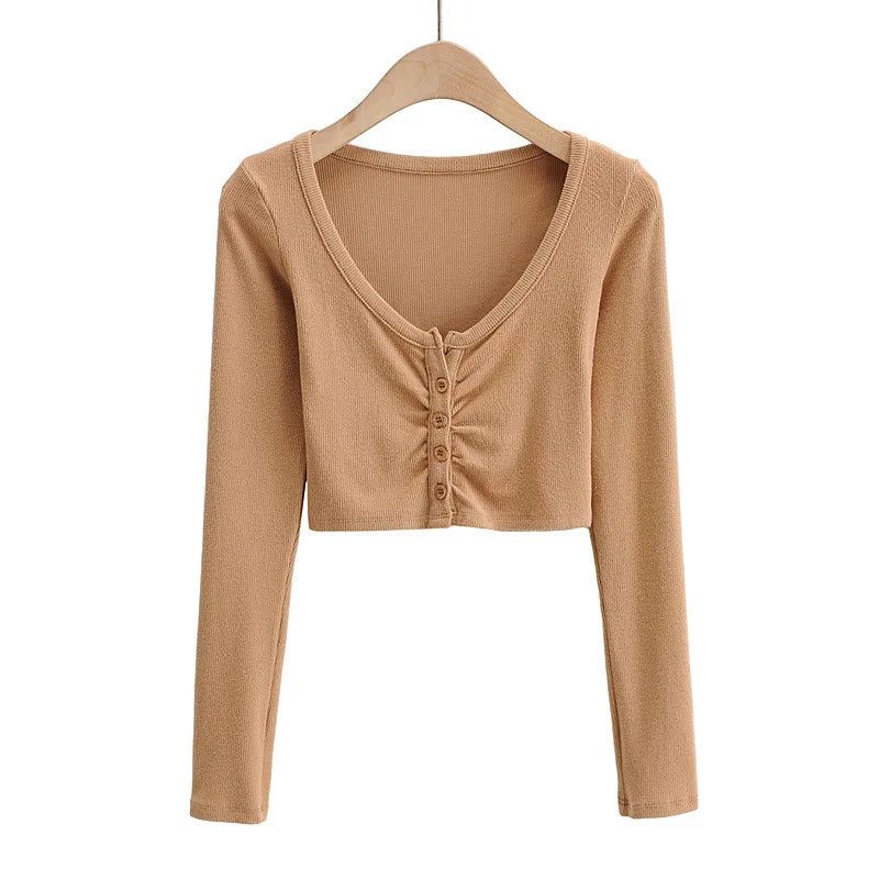 Summer Sexy Women Crop Tops Long Sleeve Tee Shirt Clubwear Buttons Solid T Shirt Women Black White Slim Tops