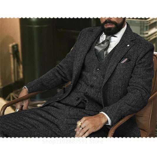 (Jacket +Vest +Pants) Gray Wool Tweed Winter Men Suit's For Wedding Herringbone Male Formal Groom Tuxedo Fashion 3 Piece