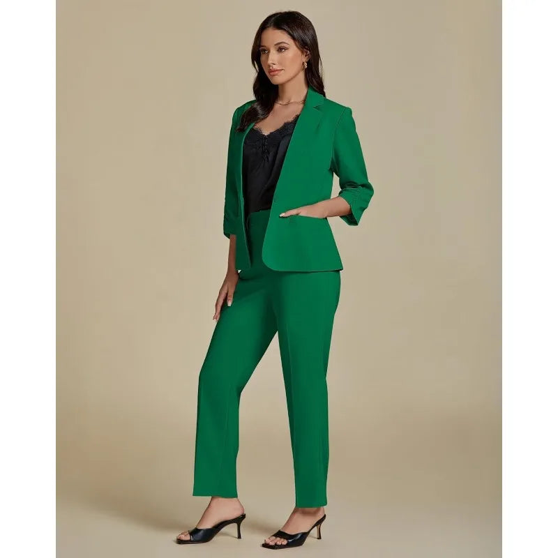 Pant Suits for Women Dressy 2 Piece Business Casual Outfits 3/4 Sleeve Blazer Straight Leg Pant Sets Office Work