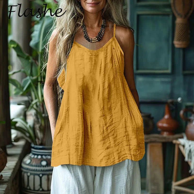 Summer Women Casual T-Shirts Female Tank Top Women Tee Solid Color Sleeveless T-Shirt For Women Cotton Linen Loose Vest