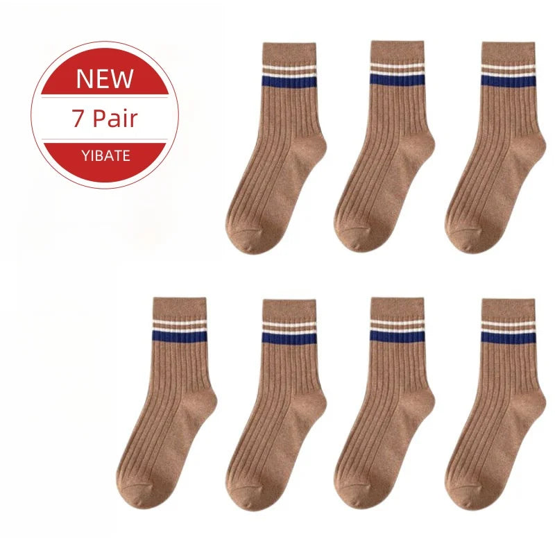 7 Pairs of Men's Striped Socks Fashionable Casual Socks High Quality Harajuku Retro Socks for Men Large Size Long Socks