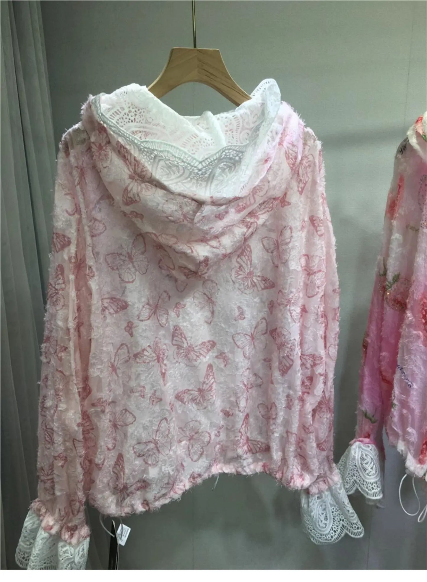 Women Hot Drilling Diamonds Beaded Sunscreen Hoodies Shirts Coat Strawberry Butterfly Lace Spliced Blouses Zipper Cardigan Tops