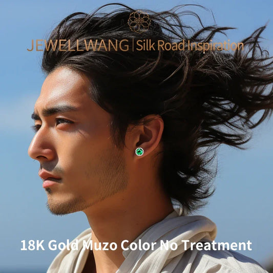 JEWELLWANG 18K Pure Gold Lab Grown 1 Ct Emerald Stud Earrings for Men or Women Surrounded By Synthetic Diamonds Luxury Jewelry