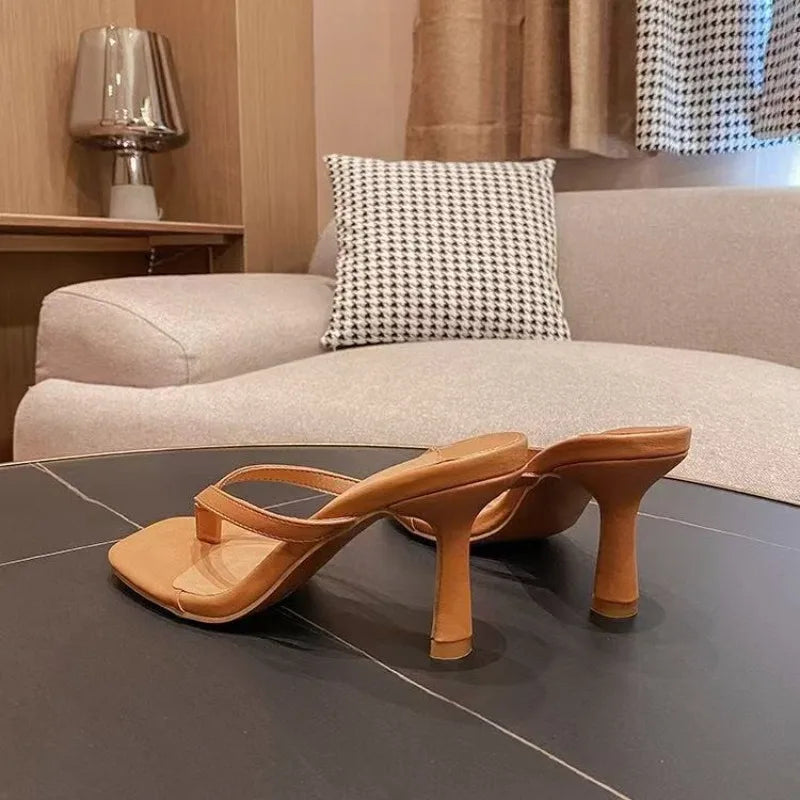 Fashion Heeled Sandals for Women Wearing Noble Slippers with Slim Heels and Legs,square Toe Sandal for Summer Sandalias De Mujer
