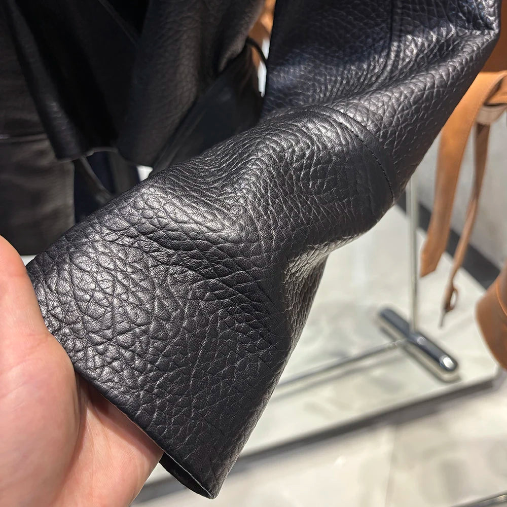 YOLOAgain Real Leather Jacket Women Burgundy Grain Leather Jacket With Belt