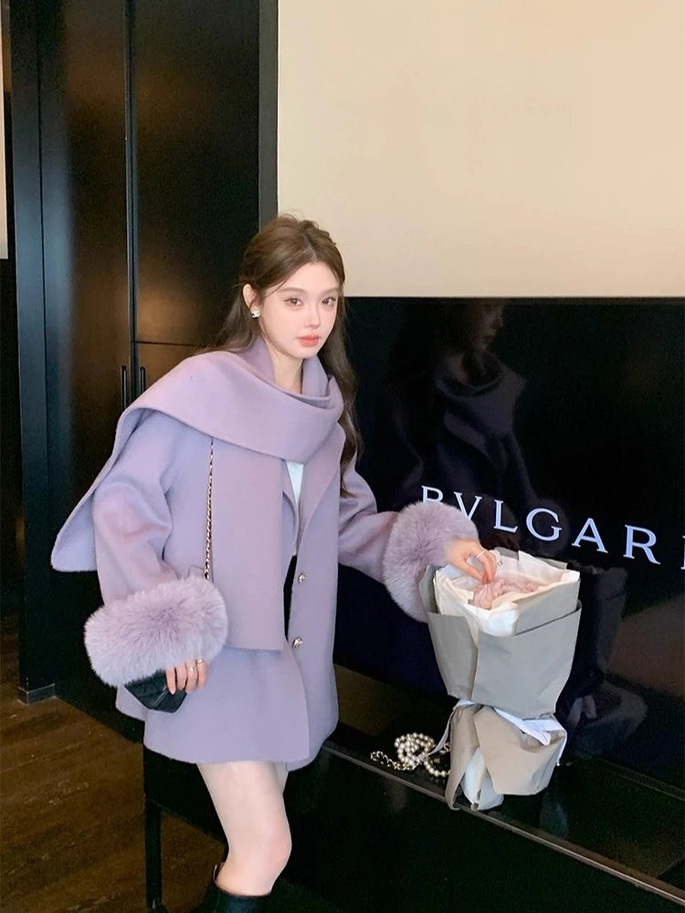 Elegant Wool Coat Warm Women Double Faced Luxury Real Fox Fur Sleeves 100 Wool Scarf Autumn Winter 2025 New Fashion Trench Coat