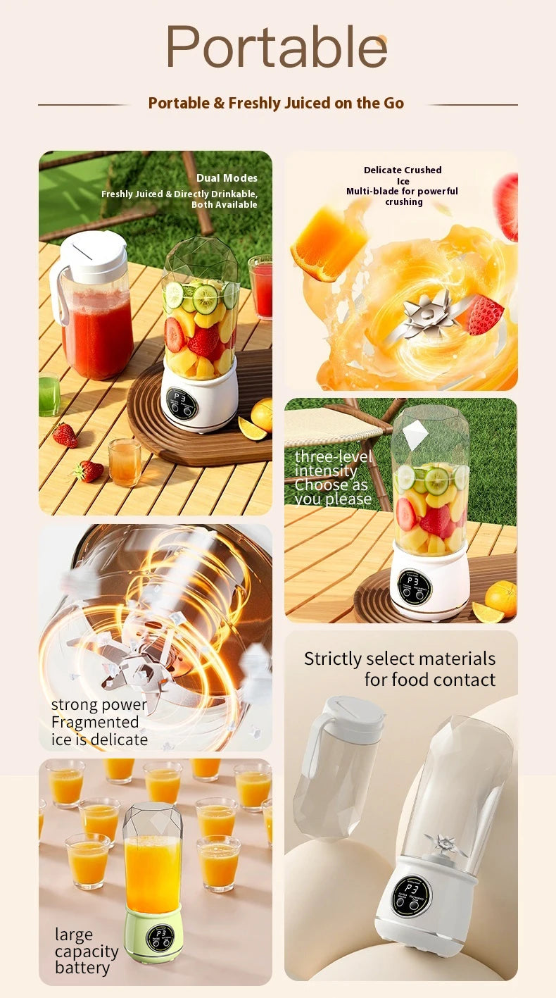 Portable USB rechargeable blender, electric juicer, 500ML capacity, 3-level power adjustment, for juicing fruits and vegetables