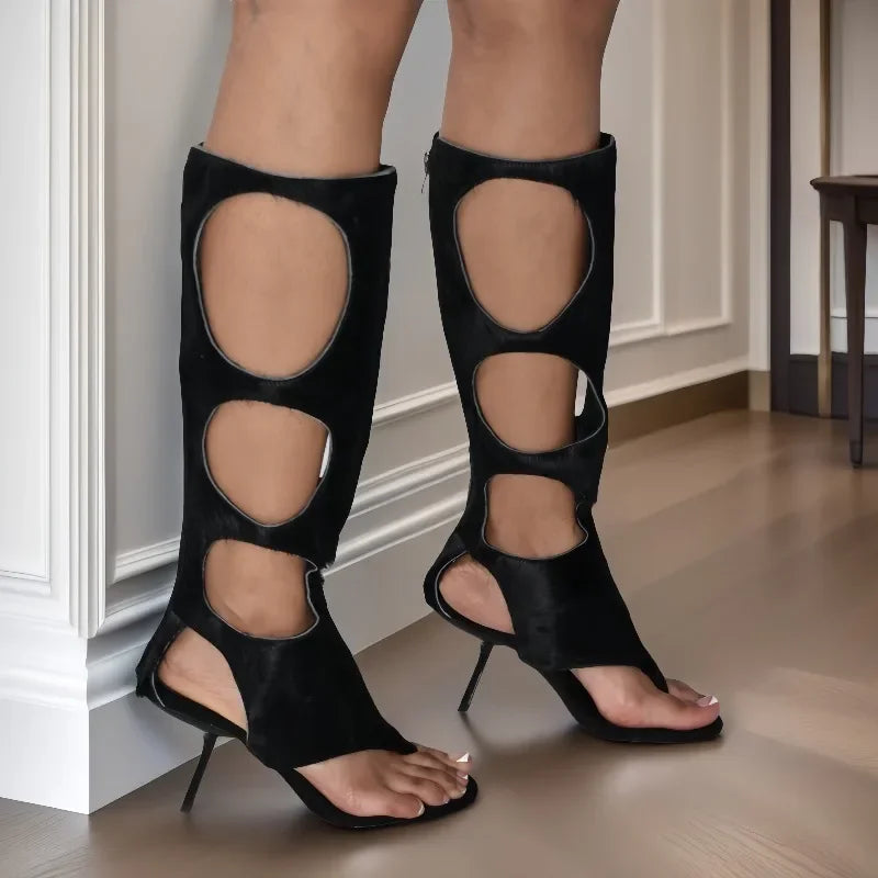 2025Women's SummerLeather Stiletto High Heels Hollow Knee Cool Boots European and American Horse Hair Fashion Show Shoes