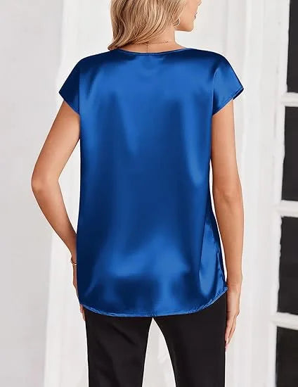 Women's Summer New T-shirt Casual V-Neck Short Sleeve Blouse Business Casual Tops Satins Silk Summer Shirt Work Solid Color Tops