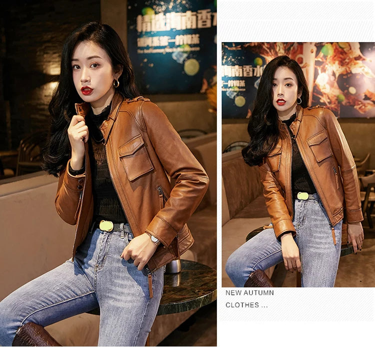 Autumn Clothes Women Genuine Sheepskin Short Locomotive Jaqueta Feminina Stand Collar Slim Vintage Versatile Brown Leather Coat