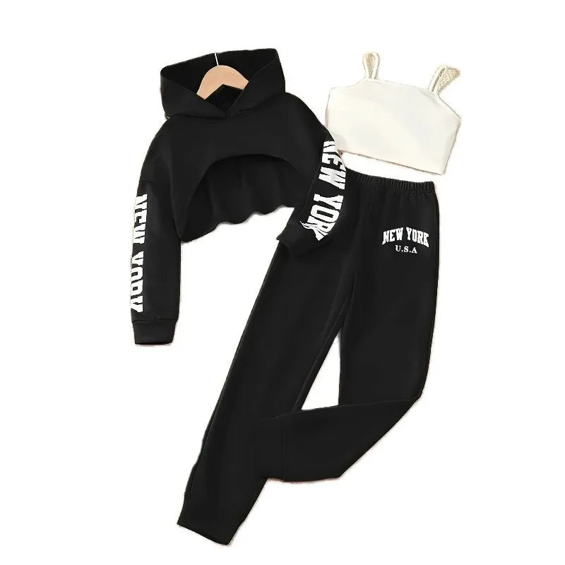 2026 girls clothes spring letter sweatshirt hooded crop top and bottom new york port pants leggings teens child set 4 10 12 year