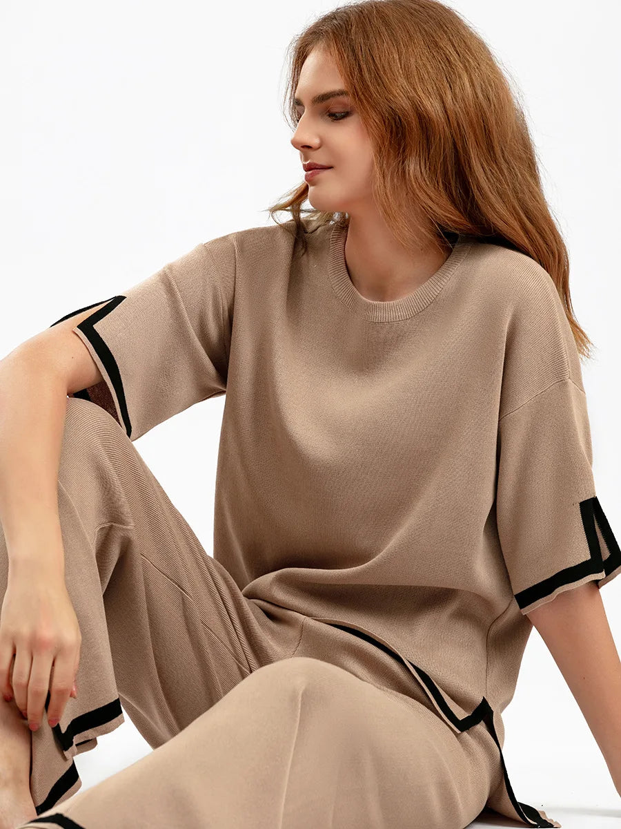 Pants Set Women Two Piece Sets Short Sleeve Spring Knit Tops Loose Casual Wide Leg Long Pants High Waist Y2k Streetwear Spring