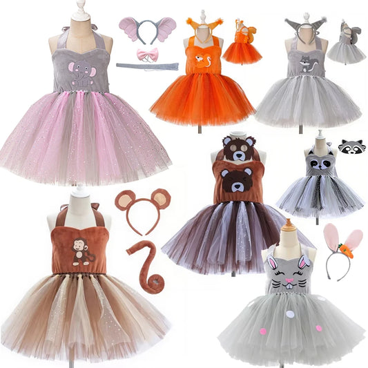 Girl Cartoon Raccoon Sloth Koala Piggy Rabbit Tutu Sling Dress Children Cosplay Festival Performance Dance Costume Headband Sets