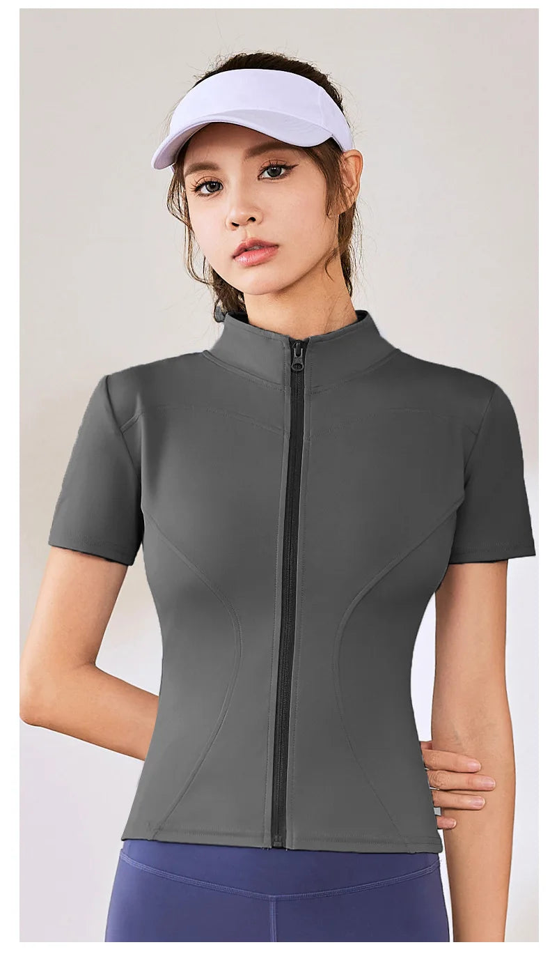 Summer High Quality Waist Slimming Training Tops Women's Quick-drying Tight Stand Collar Full Zipper Short Sleeves Yoga shirts