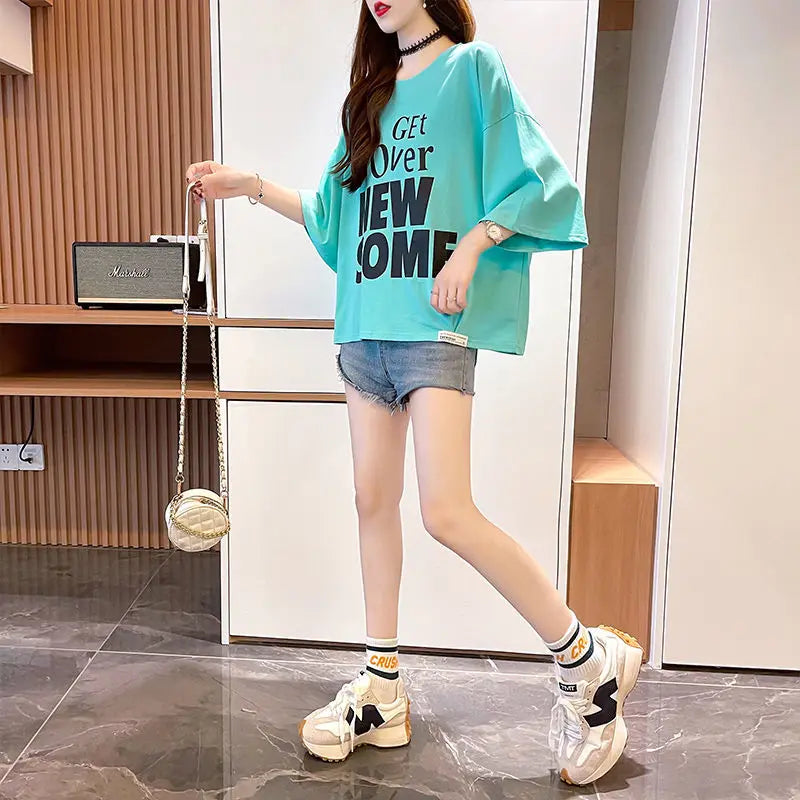 Women's T-shirt Summer Outfit Graphic Short Sleeve Cotton Top Female Baggy Trending Clothing Korean Popular Clothes Cheap Woman