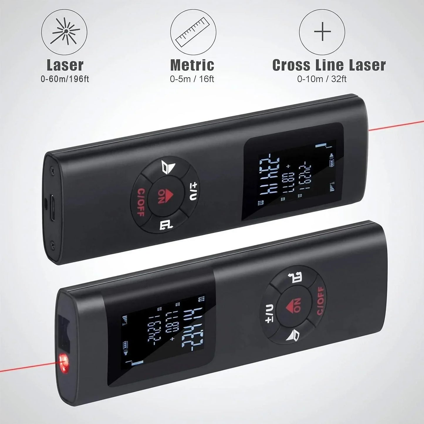 40/60M Portable Digital Laser Distance Meter, ±1/16 Inch High Accuracy, USB Charging, M/in/Ft Unit Switch Laser Measurement Tool