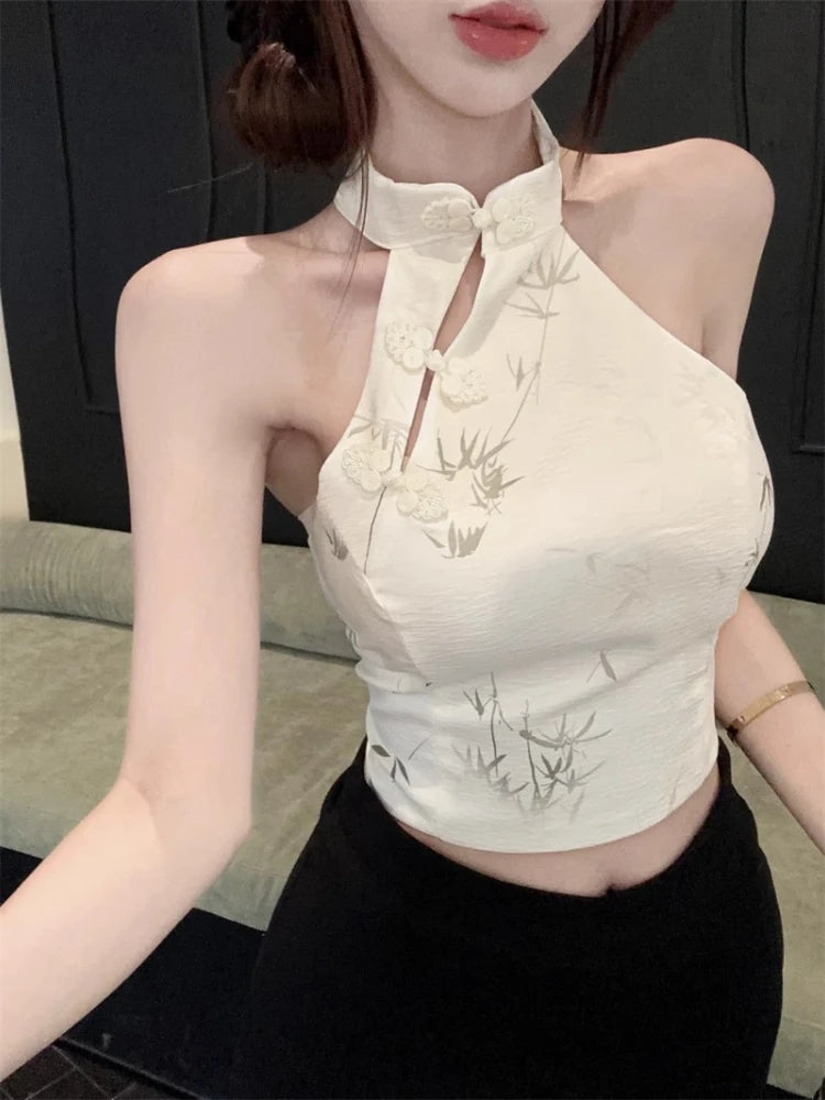 Summer Elegant Vintage Woman Clothing Print Halter Sleeveless Design Camis Tops Retro New Fashion Female Button Casual Chic Tops