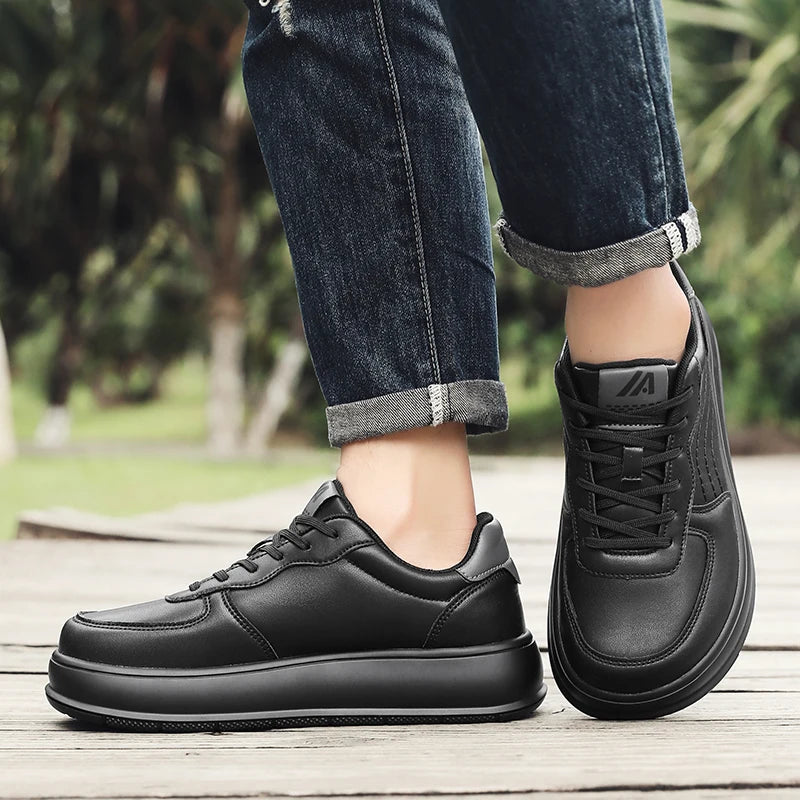 Men's Wide-top Shoes with Leather Upper, Casual Sports Shoes in Large Size, Thick Sole, Height-increasing Platform Shoes