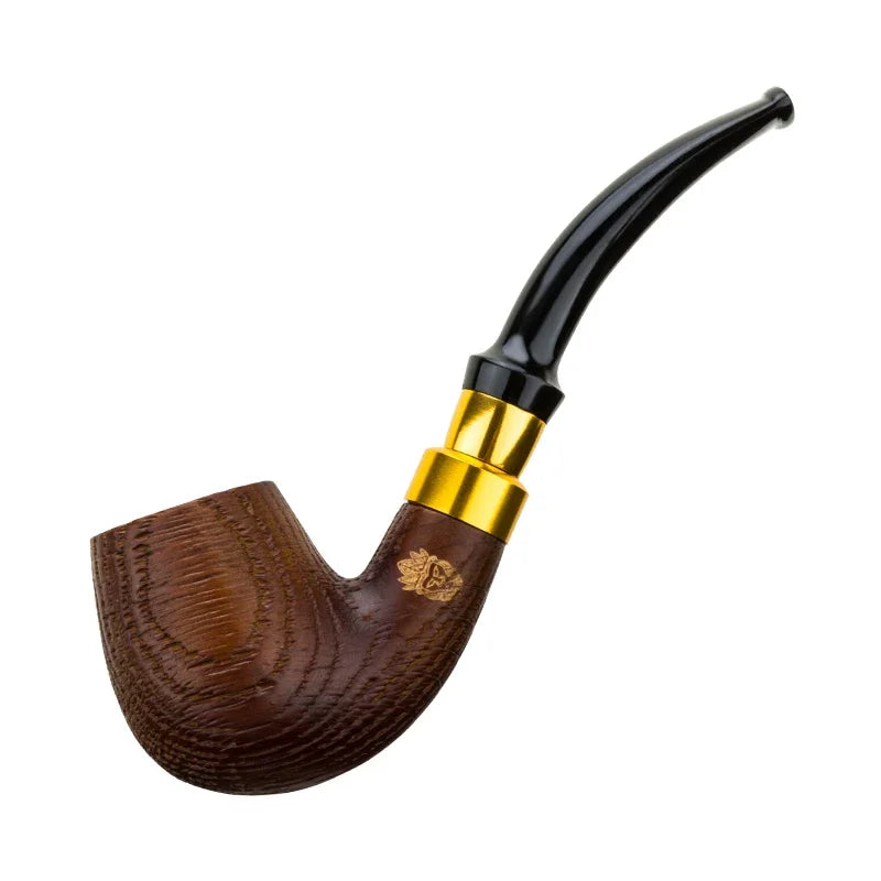 Oak Wood Sandblasted Tobacco Pipe with Gold Silver Band 9mm Filter Straight Bent Smoking Pipe for Men Gift Accessories