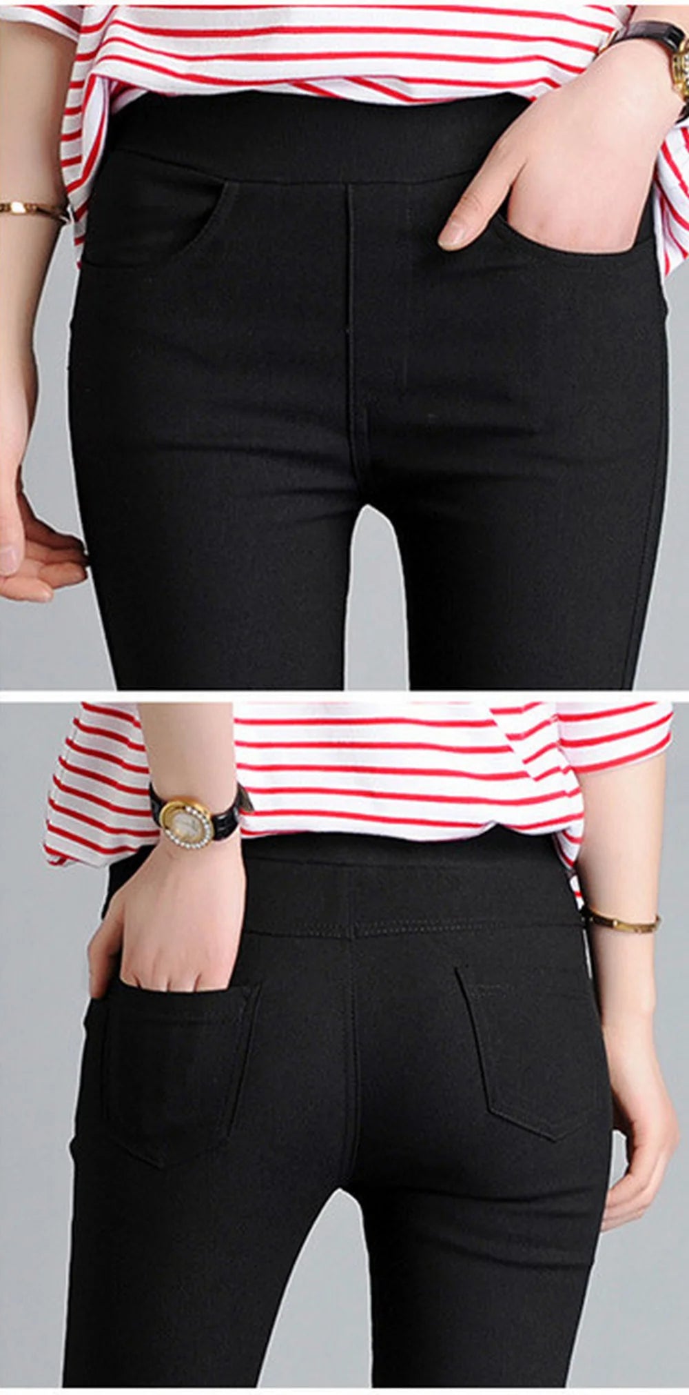 Women  Stretchy Capris Pants Elastic Waist Comfy Skinny Cropped Jeans Pants Button Front Casual Breathable