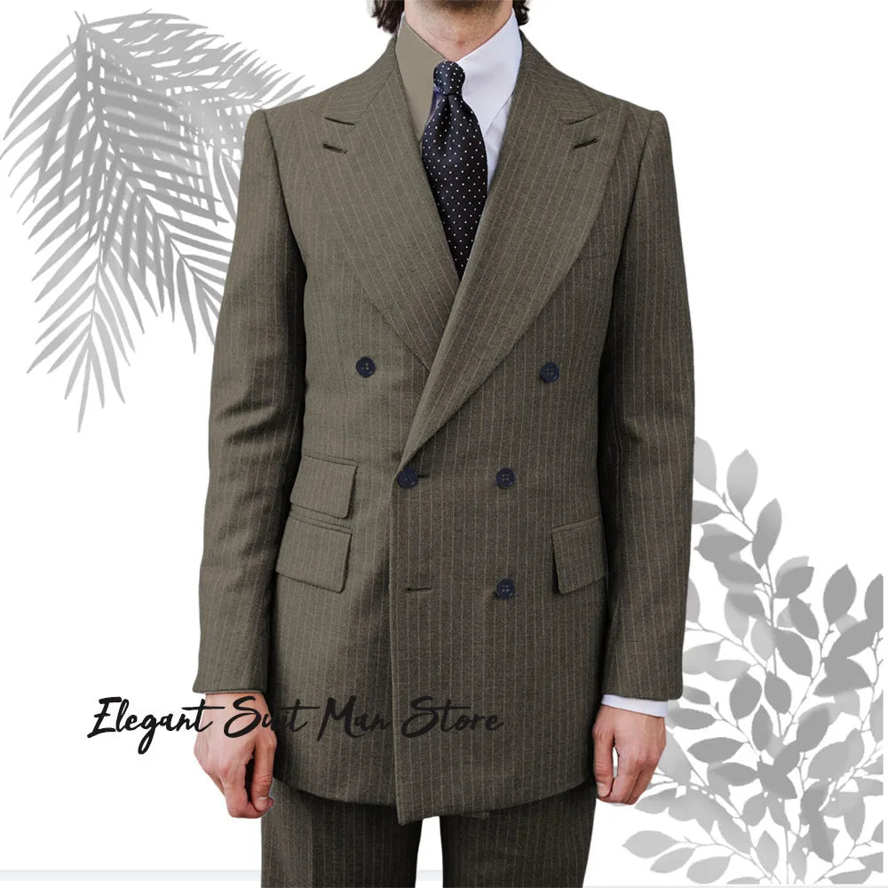Wool Thick Striped Business Suit 2-piece Set(Jacket+pants) Business suit workwear Double breasted striped suit Jacket suit pants