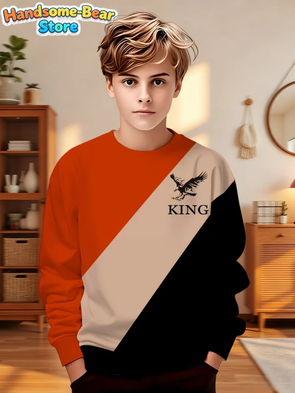 Autumn Classic Boys Sweatshirt Outdoor Round Neck Long Sleeves Top Stripe 3D Print Loose Hoodies Streetwear Children's Clothing