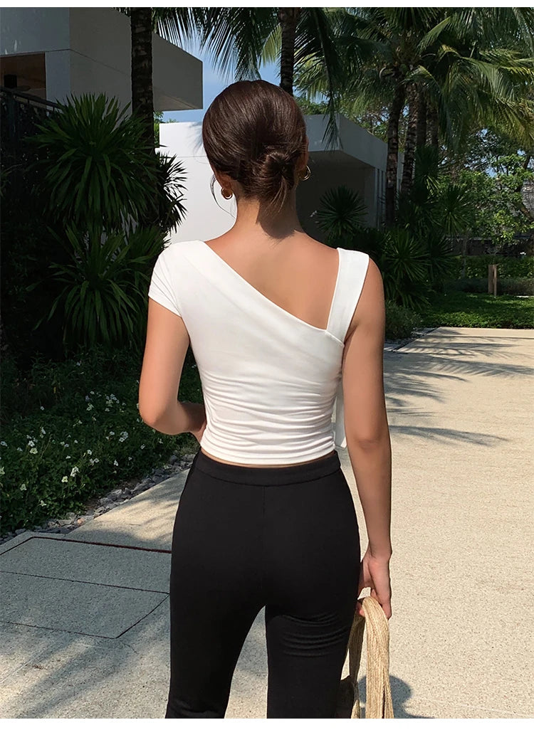 Women Tops Summer Sexy Off Shoulder Crop Tops Casual Female Sling T-shirt Short Sleeved Elastic Fashion White Tees Slash Neck