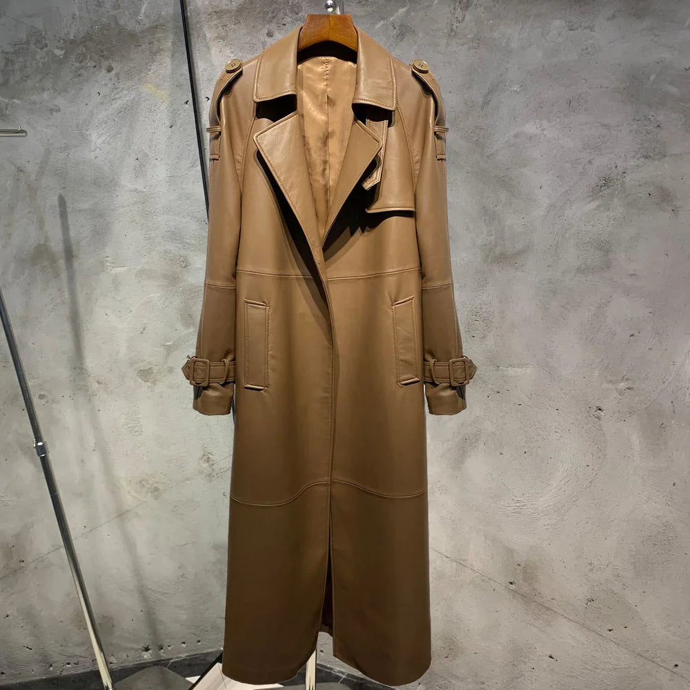 Leather Coat Orange Long Ladies Real Sheepskin Coat Genuine Sheep Leather Windbreak Long 21018
