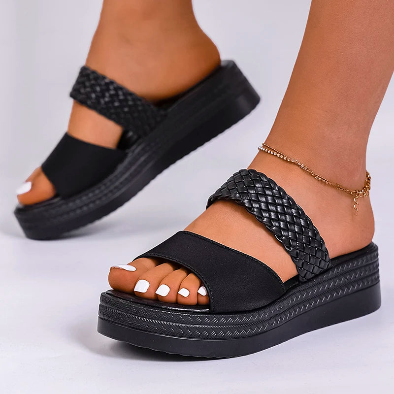 Women's Brown Woven Platform Sandals Non Slip Thick Sole Outdoor Slippers Woman Plus Size 43 Wedge Heels Summer Shoes Footwear