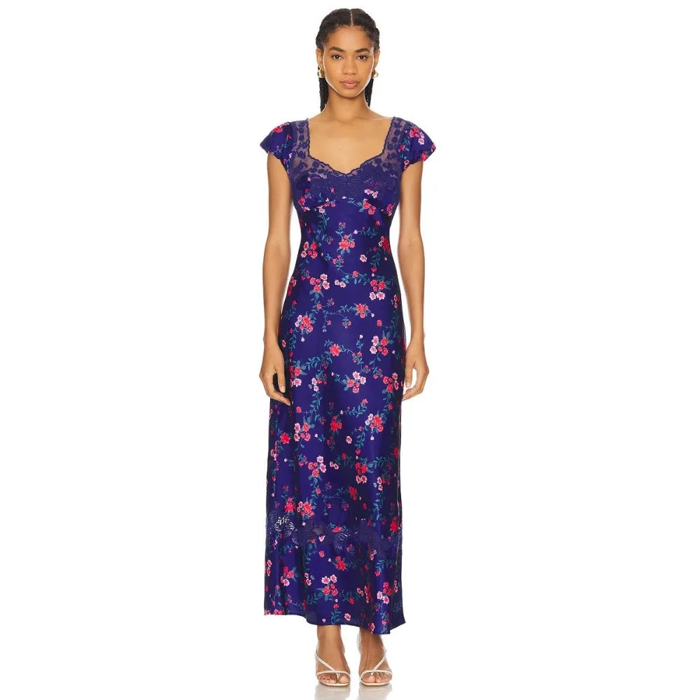Luxurious Silk Satin Long Dress Elegant Puff Sleeve Polka Dot Floral Gown Sexy Open Back Midi Dresses for Evening Cocktail