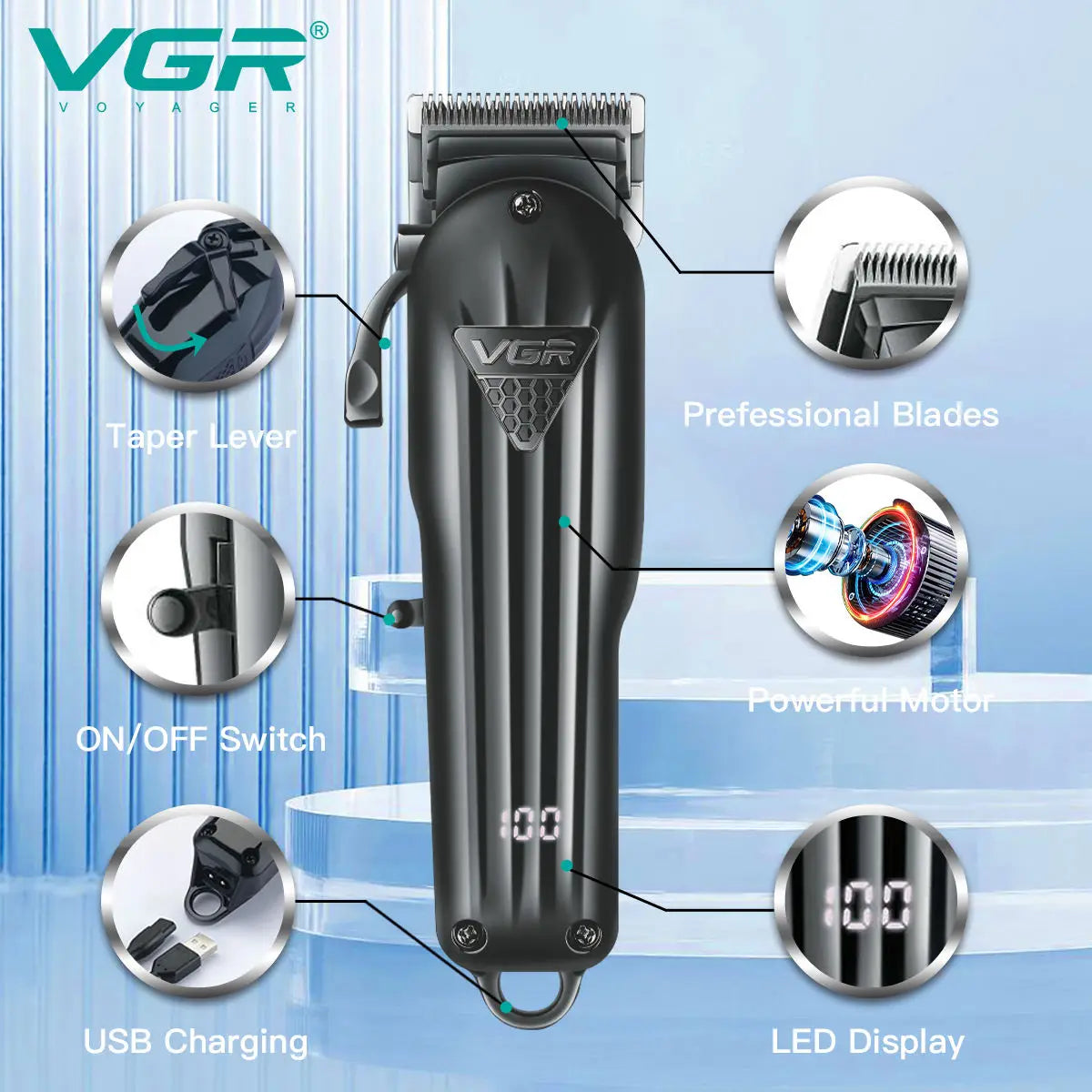 VGR Trimmer Professional Hair Trimmer for Men Clipper Beard Trimmer Hair Cutting Machine Cordless LED Display Rechargeable V-282