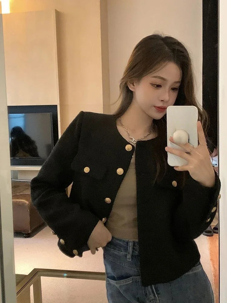 Wool Coat Women Jacket Short Autumn Winter Cardigan Long Sleeve Top Single Breasted Tweed Versatile Wool Top Full Sleeve 2024