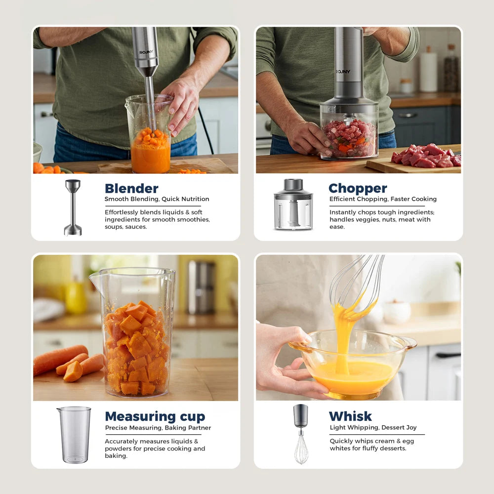 Hand Immersion Blender Powerful 4-in-1 Stainless Steel Stick Food Mixer 700ml Mixing Beaker 500ml Processor Whisk