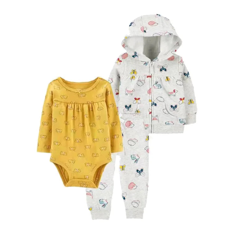 Newborn Infant Baby Girl Boy Clothes Sets Spring Autumn Cotton Long-Sleeve Hooded Coat+Romper+Trousers 3PCS Warm Kids Clothes
