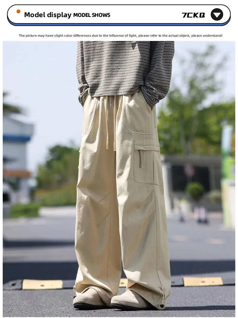 Men's work pants  black straight tube loose paratrooper pants  spring and autumn men's pants  wide leg 2025 new casual pants