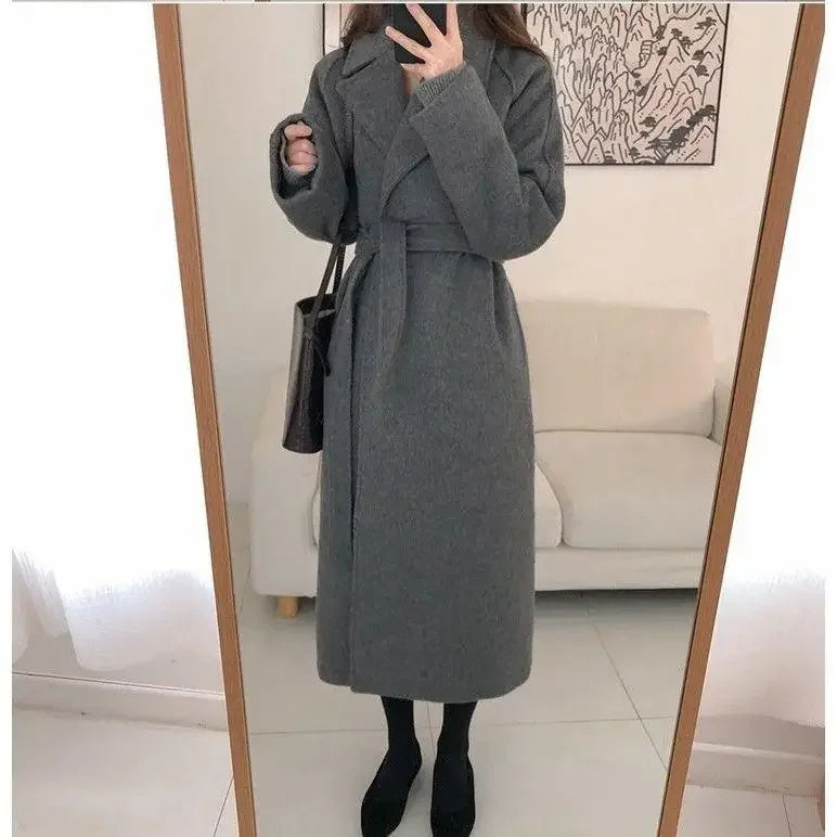 Ele Woolen Coat Women's 2025 Autumn Winter Mid Length Adjustable Waist Thick Casual Long Sve Fashion Wool Coats