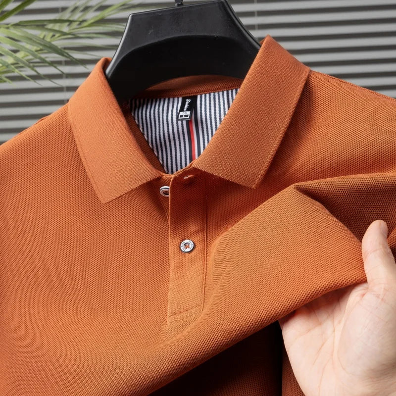 100% pure cotton short sleeved men's polo shirt summer boutique fashion high-quality top solid color collar back striped T-shirt